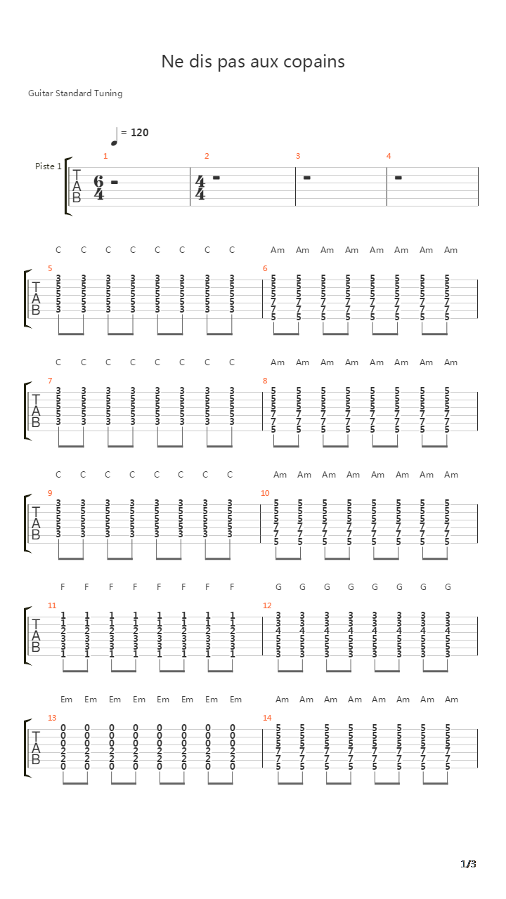 Ne Dis Pas Aux Copains吉他谱