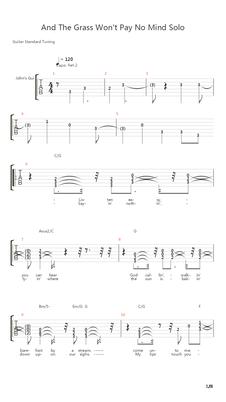 And The Grass Won't Pay No Mind Solo吉他谱