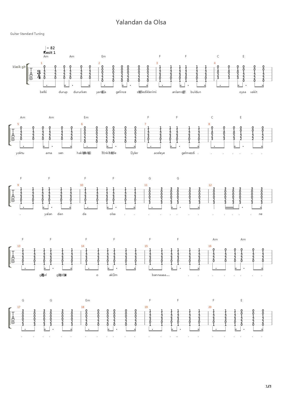 Yalandan Da Olsa吉他谱