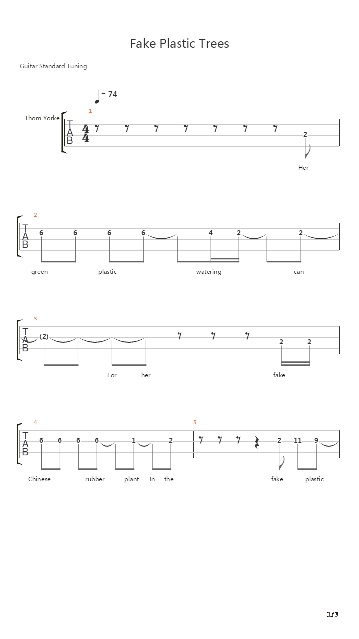 Fake Plastic Trees吉他谱