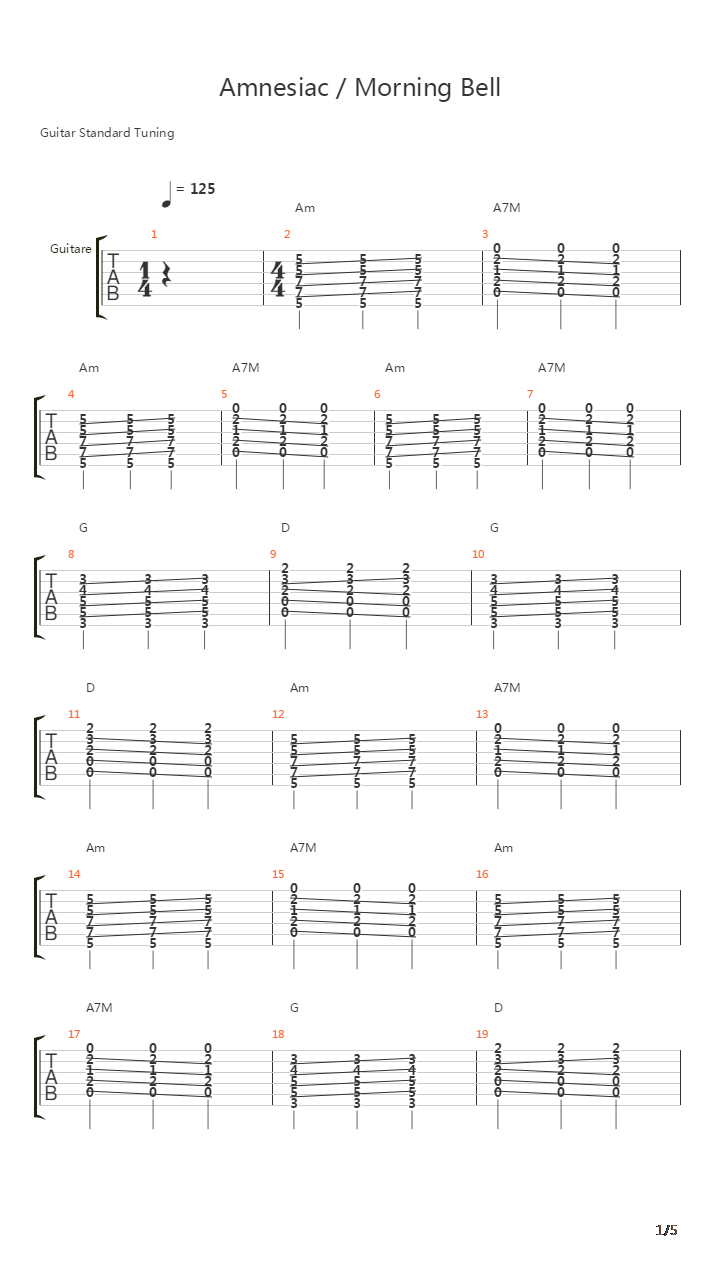 Morning BellAmnesiac吉他谱