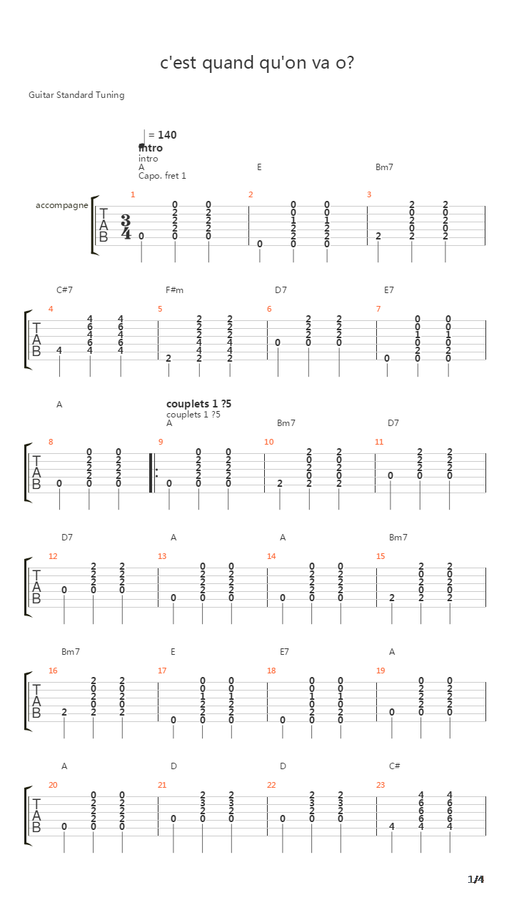 C'est Quand Qu'on Va Où吉他谱