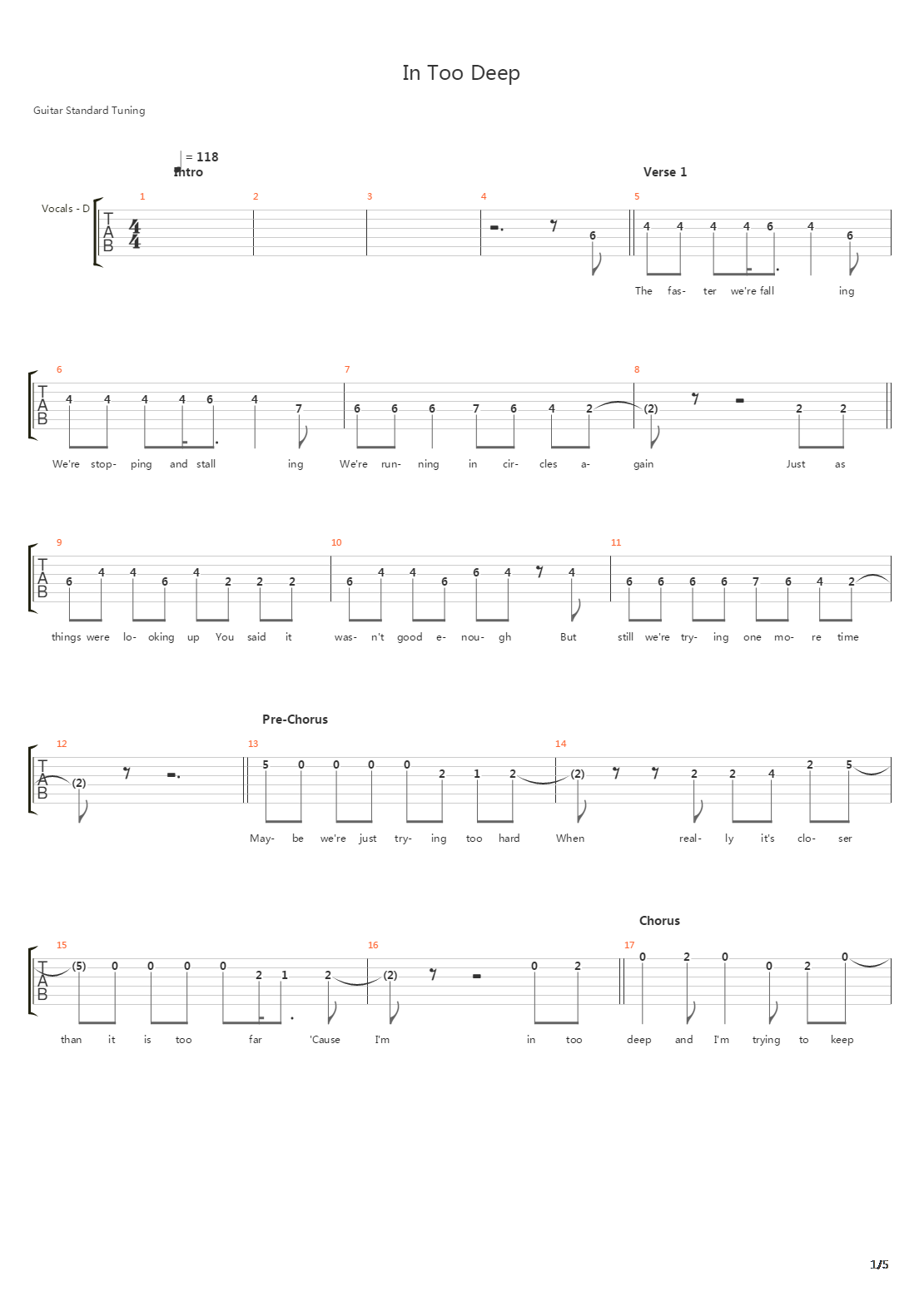 In Too Deep吉他谱