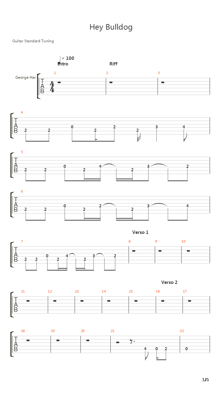 Hey Bulldog吉他谱
