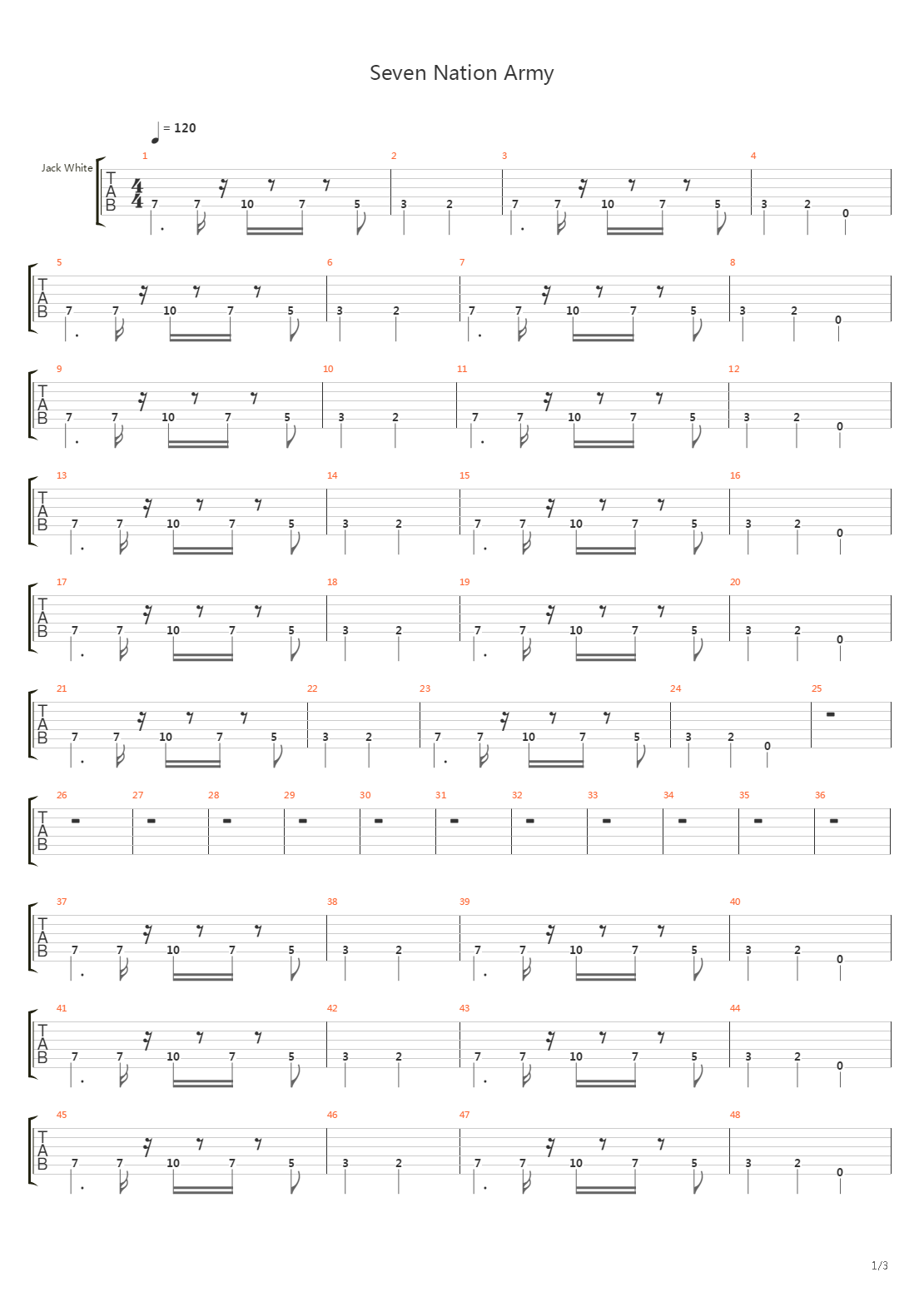 Seven Nation Army In Standard E Tuning吉他谱