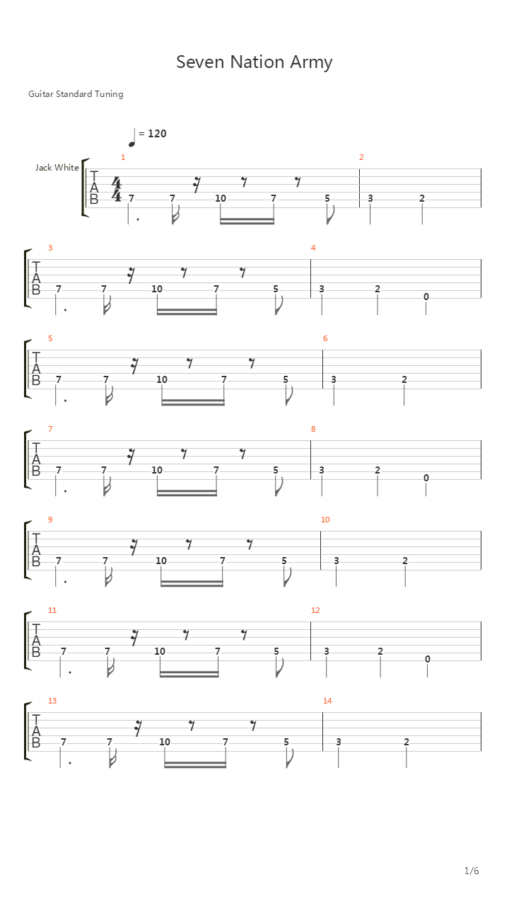 Seven Nation Army In Standard E Tuning吉他谱