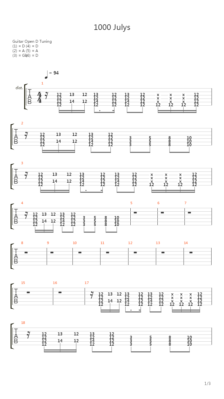 1000 Julys吉他谱