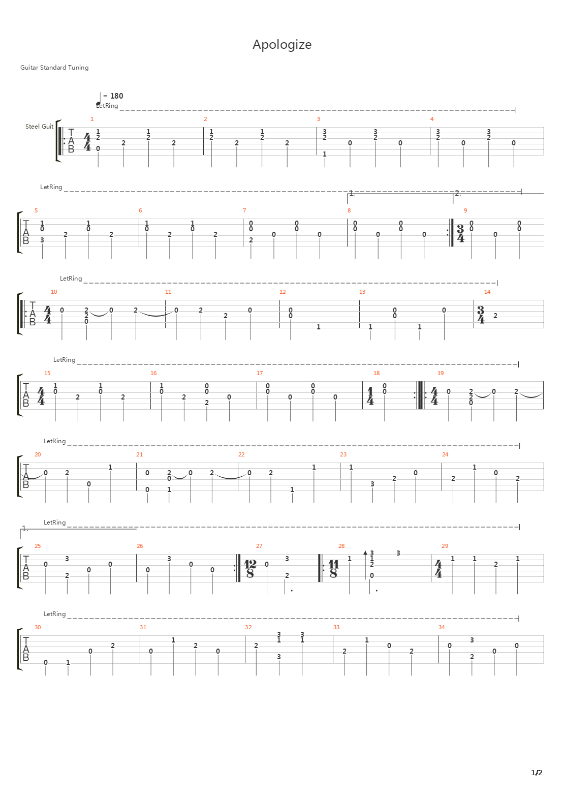 Apologize吉他谱
