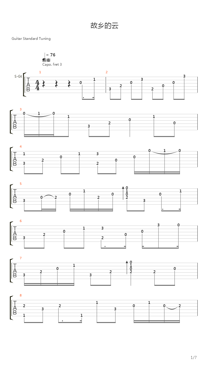 故乡的云吉他谱