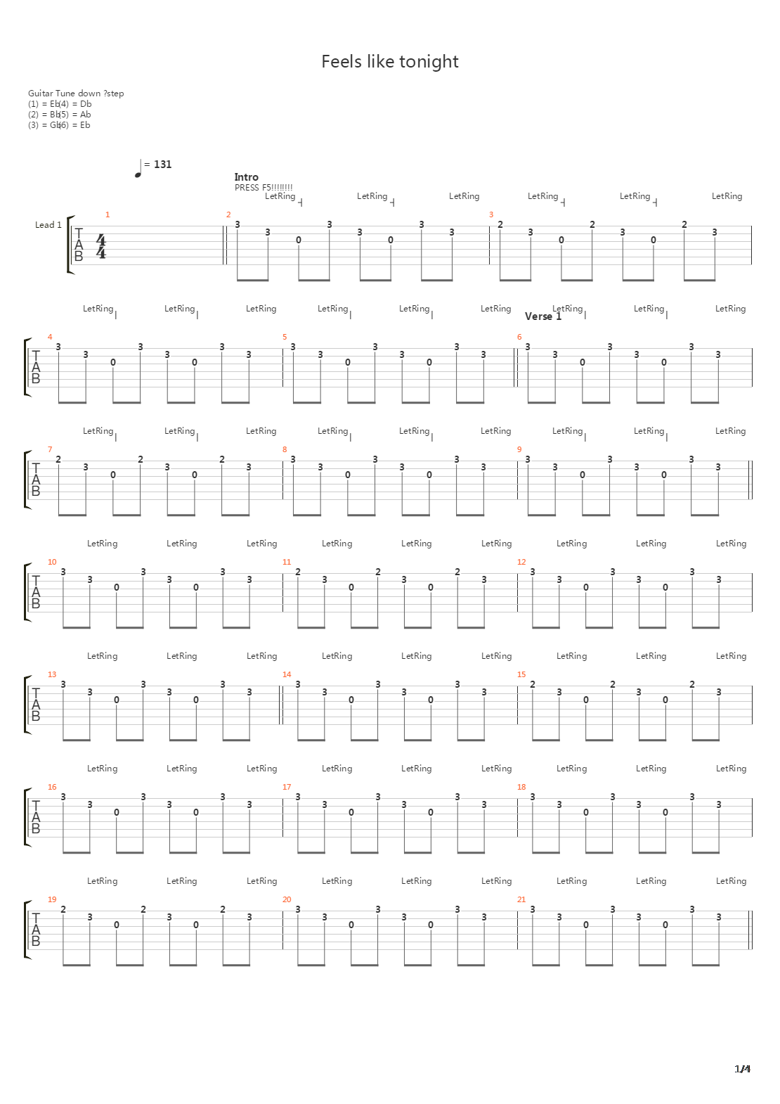 Feels Like Tonight吉他谱