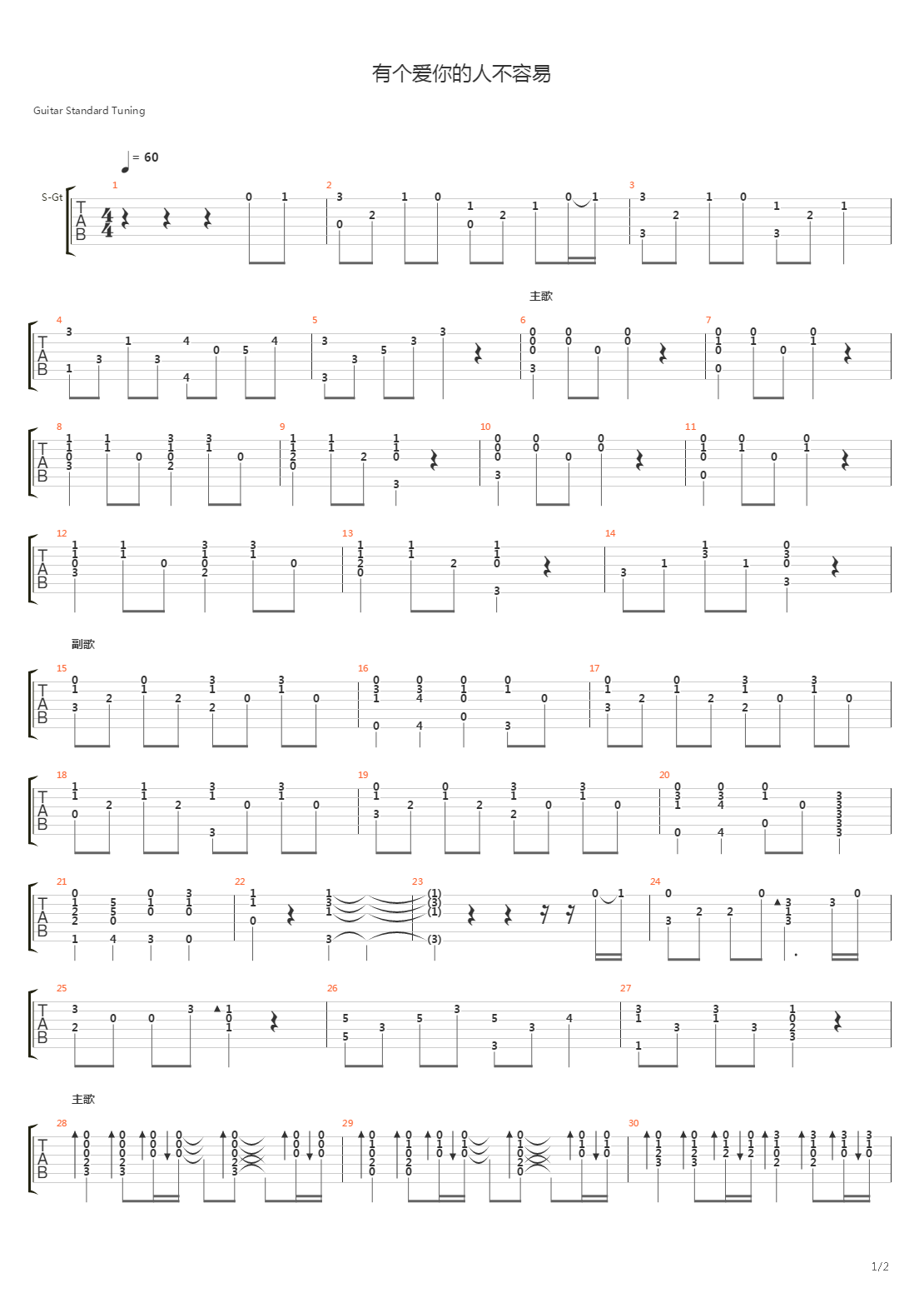 有个爱你的人不容易吉他谱