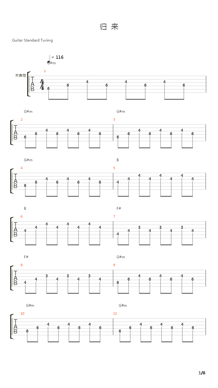 归来(好歌曲现场版)吉他谱