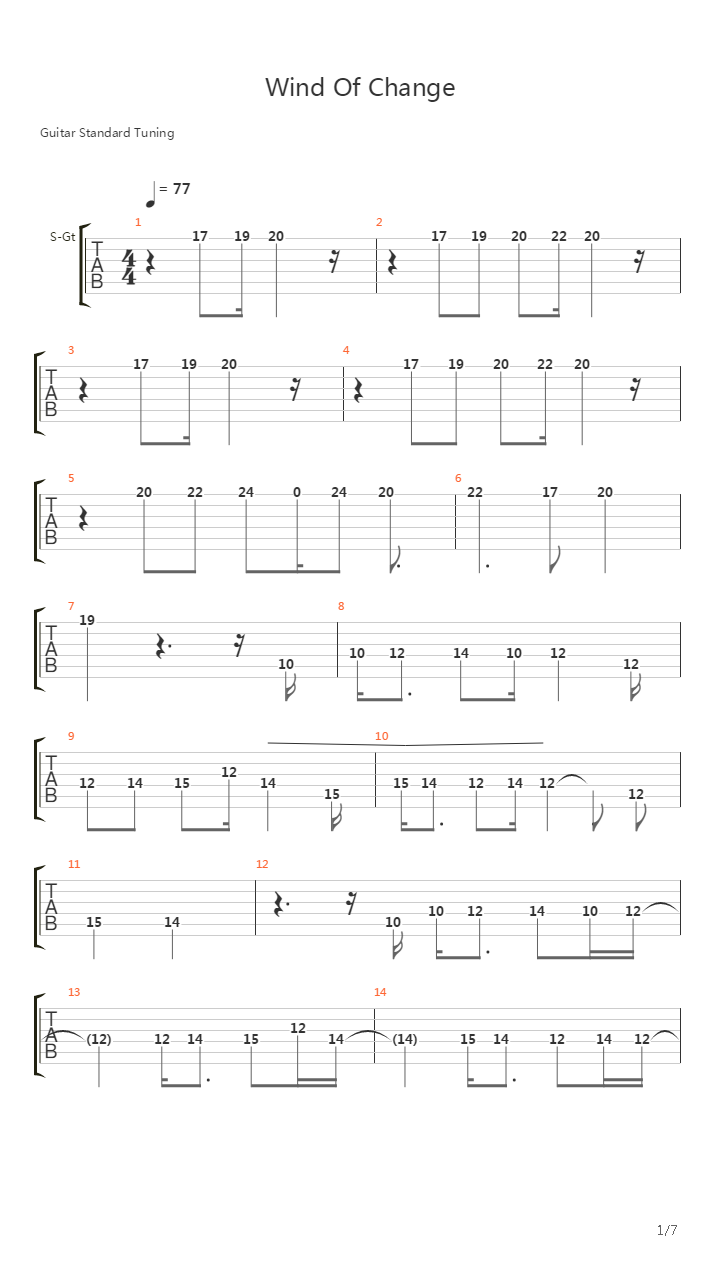 Wind of Change （自改版，主音音轨上同时存在清音和失真两种音色）吉他谱