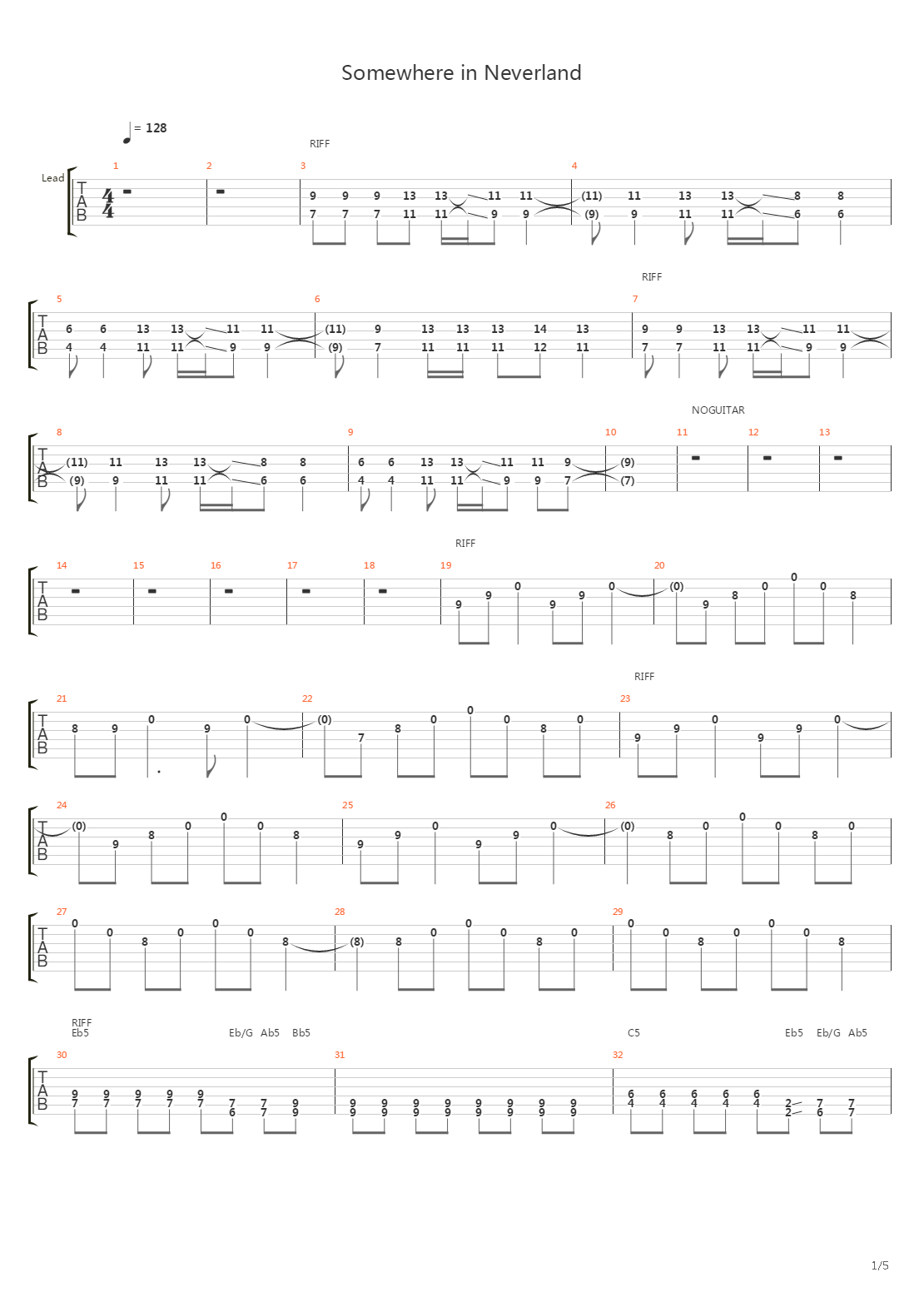 Somewhere In Neverland吉他谱