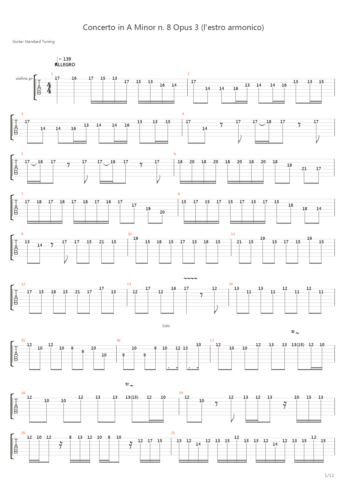 Concerto In A Minor N 8 Opus 3 Lestro Armonico吉他谱