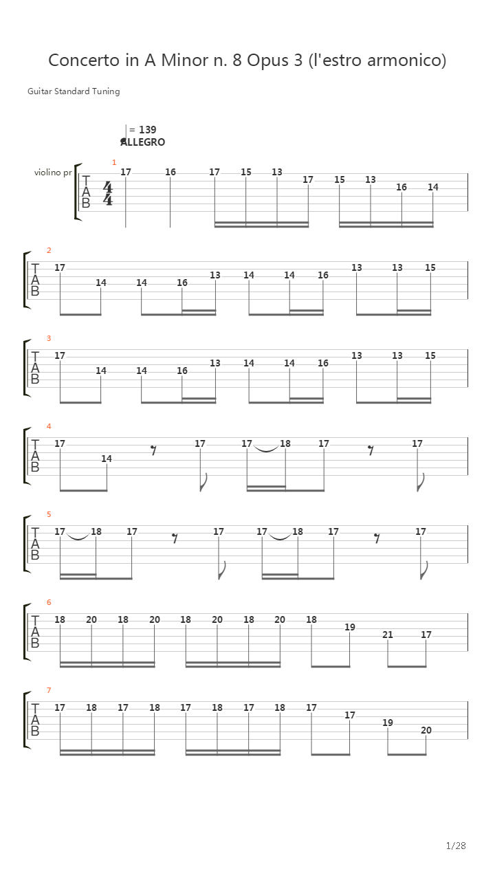 Concerto In A Minor N 8 Opus 3 Lestro Armonico吉他谱