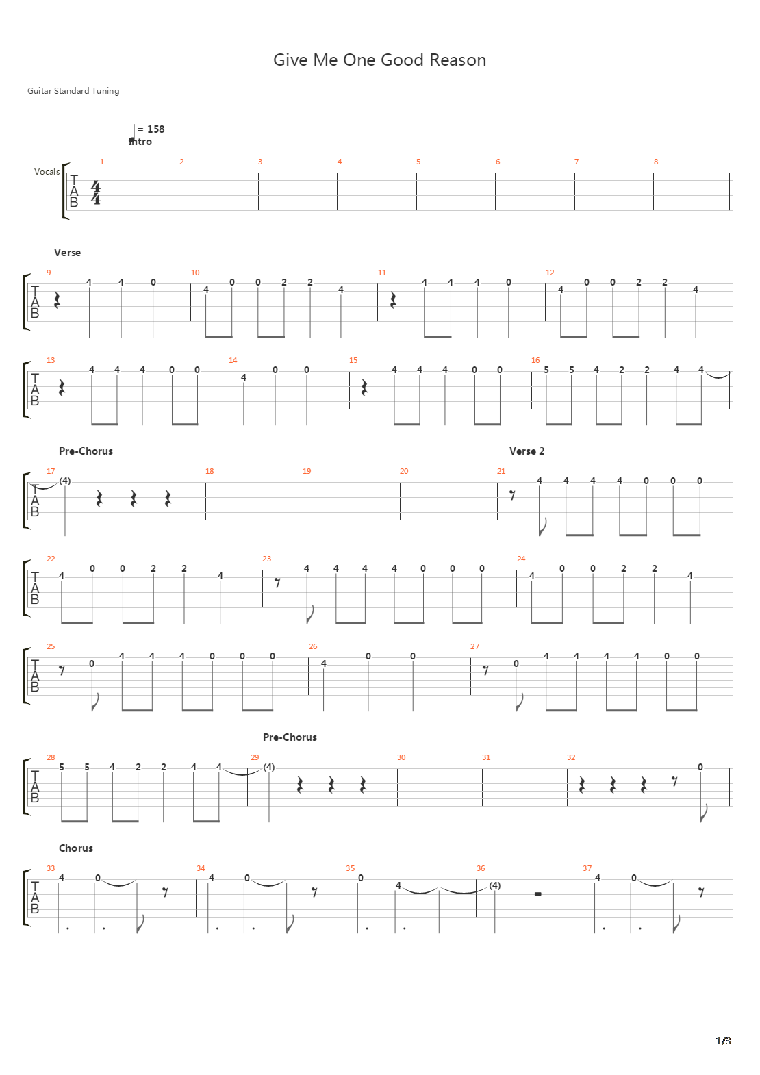 Give Me One Good Reason吉他谱