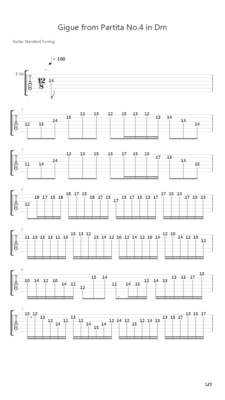 Gigue In Dm From Partita No4吉他谱