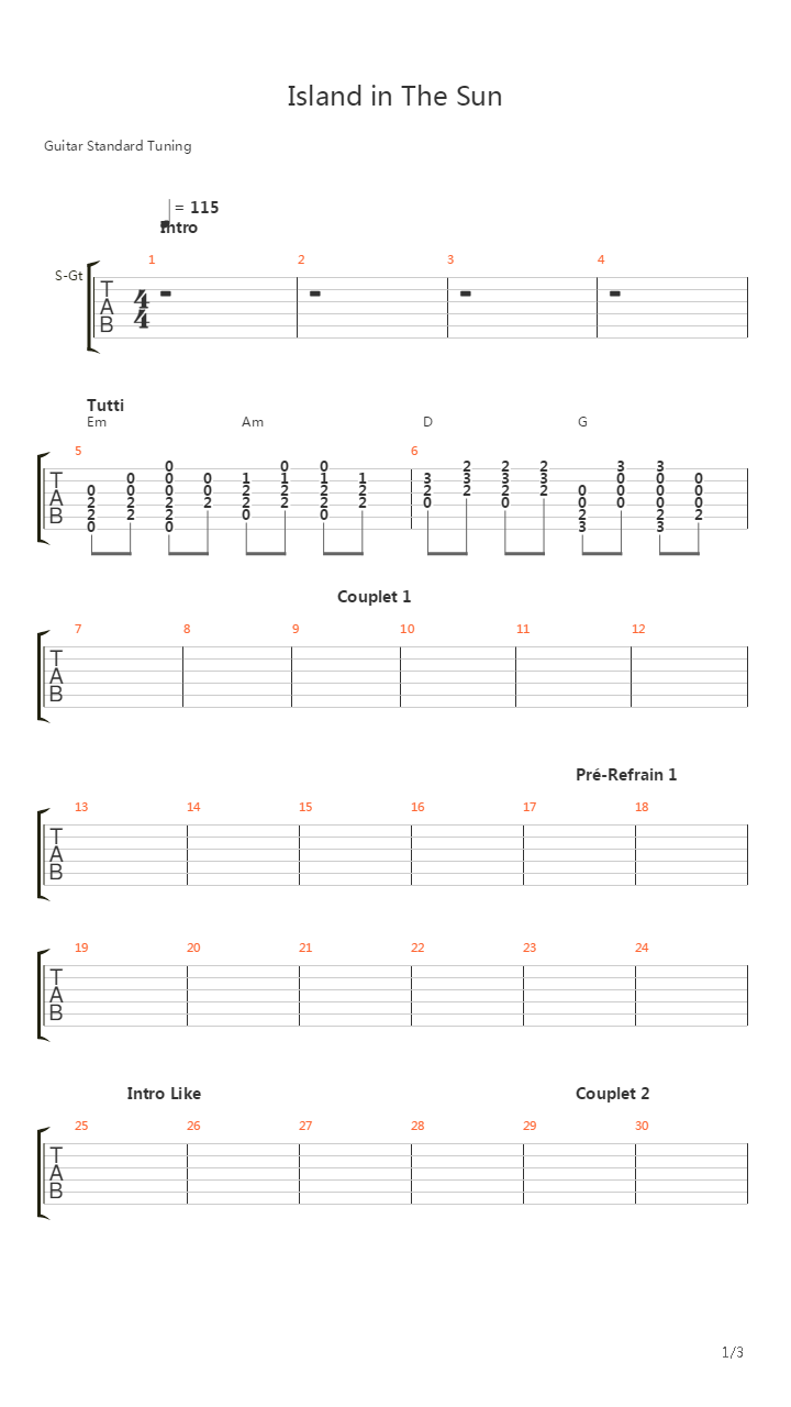 Island In The Sun吉他谱