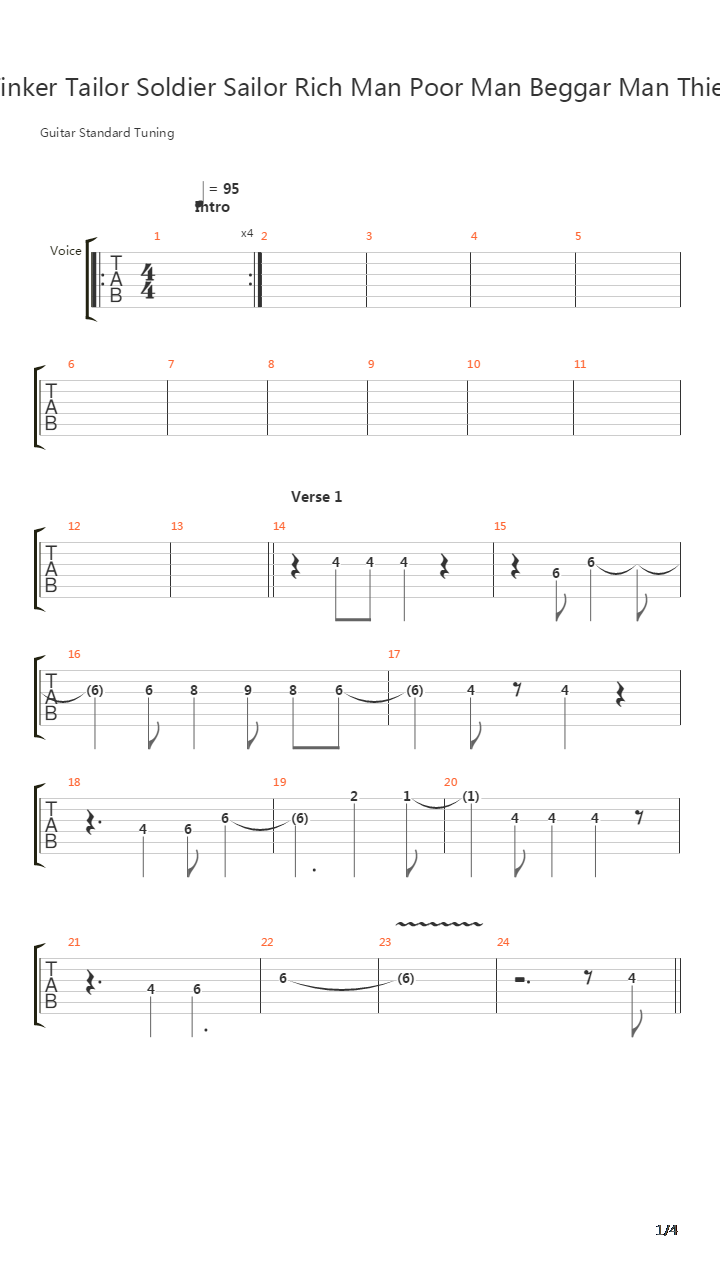 Tinker Tailor Soldier Sailor Rich Man Poor Man Beggar Man Thief吉他谱