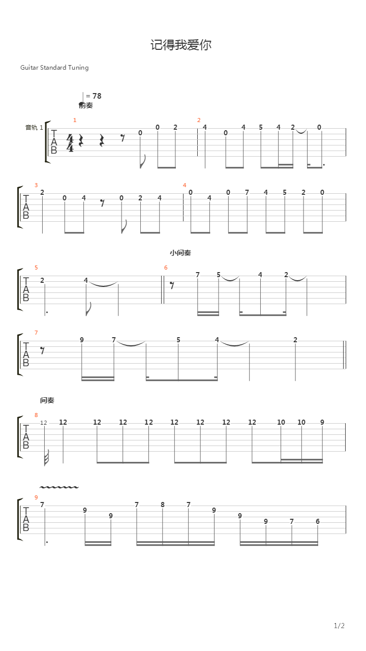 记得我爱你（电吉他部分）原调吉他谱