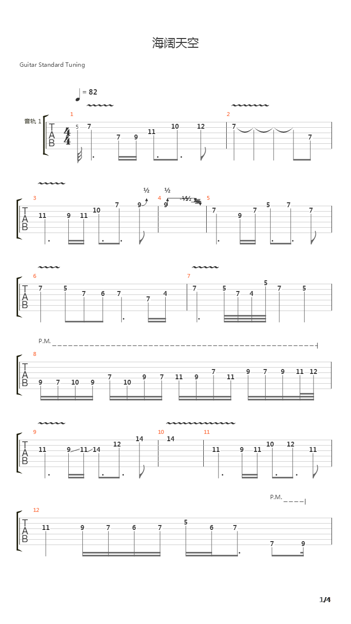 海阔天空（D调现场版电吉他独奏）吉他谱