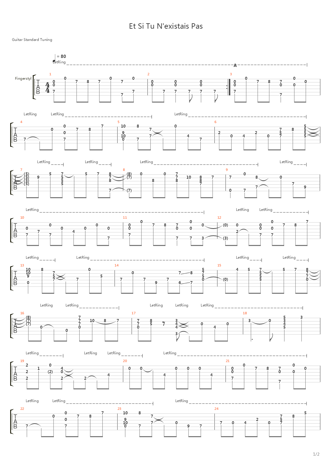 Et Si Tu Nexistais Pas吉他谱