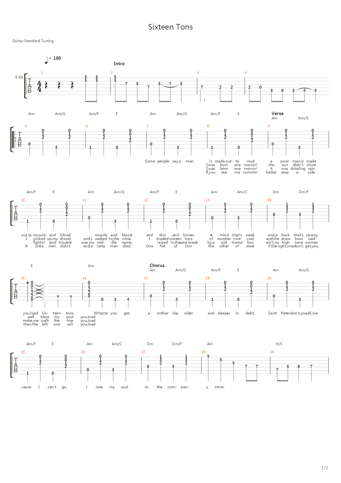 Sixteen Tons吉他谱