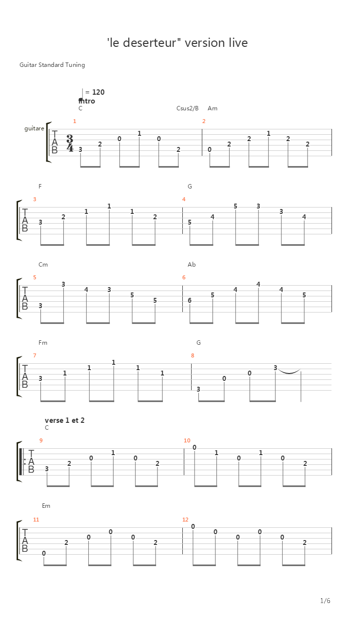 Le Deserteur吉他谱