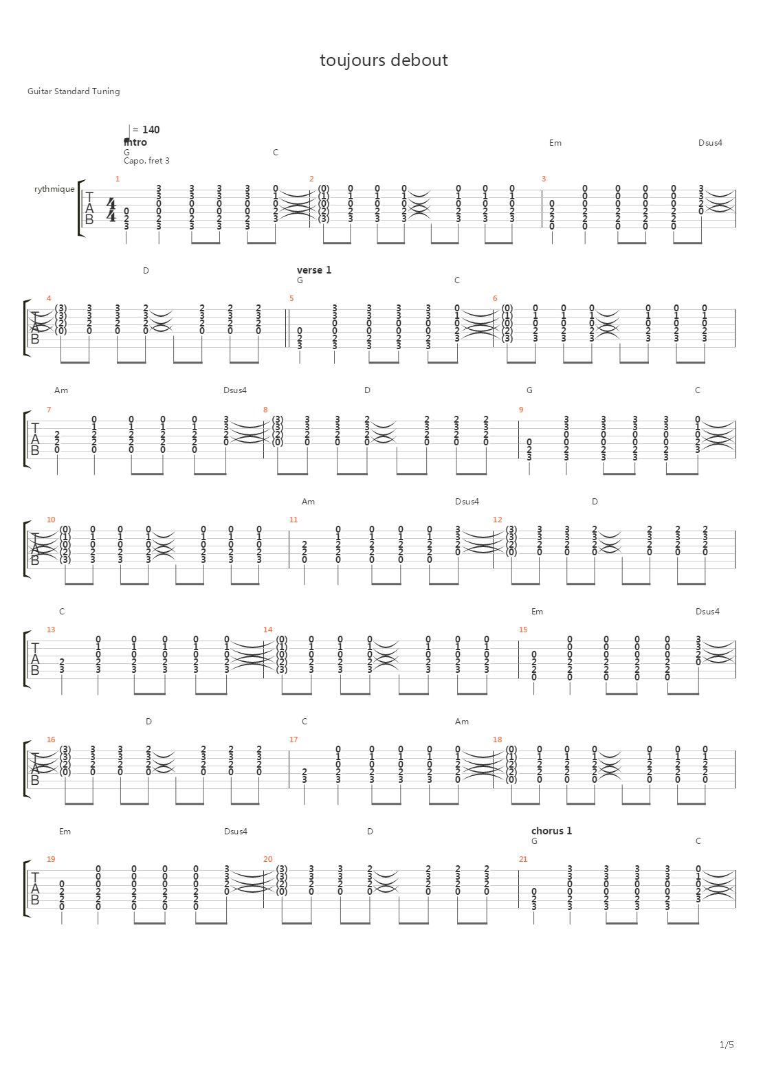 Toujours Debout吉他谱