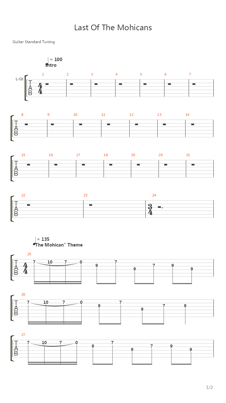 Last Of The Mohicans吉他谱
