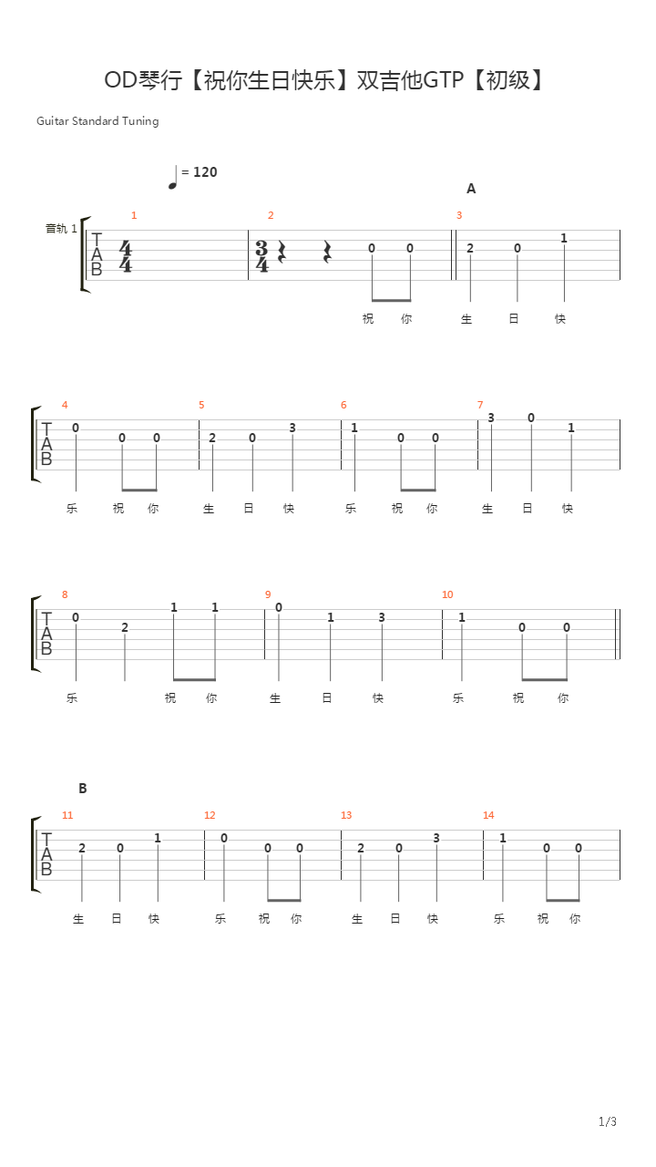 OD琴行【祝你生日快乐】双吉他GTP【初级】吉他谱