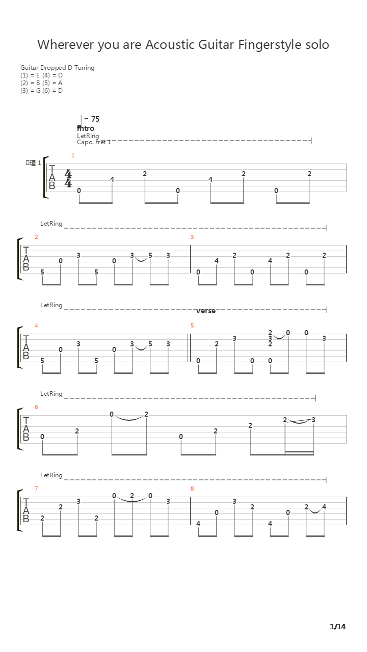 Wherever you are(acoustic guitar fingerstyle solo)吉他谱