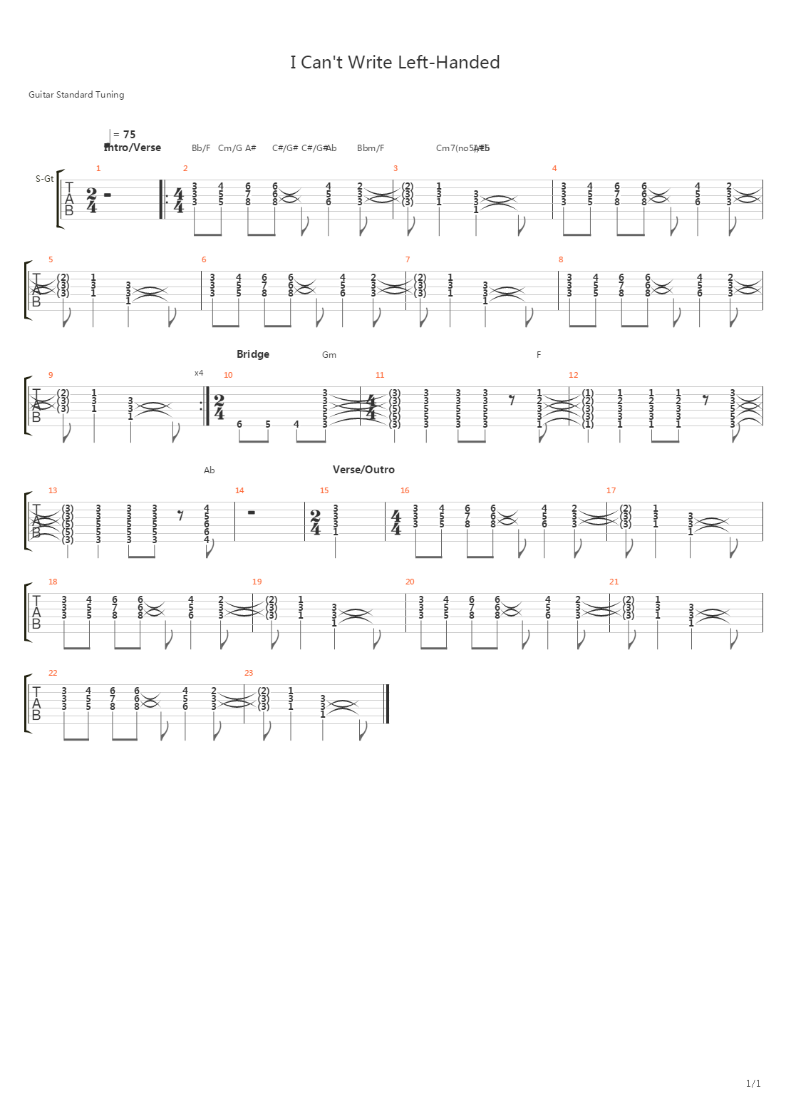 I Cant Write Left-Handed吉他谱