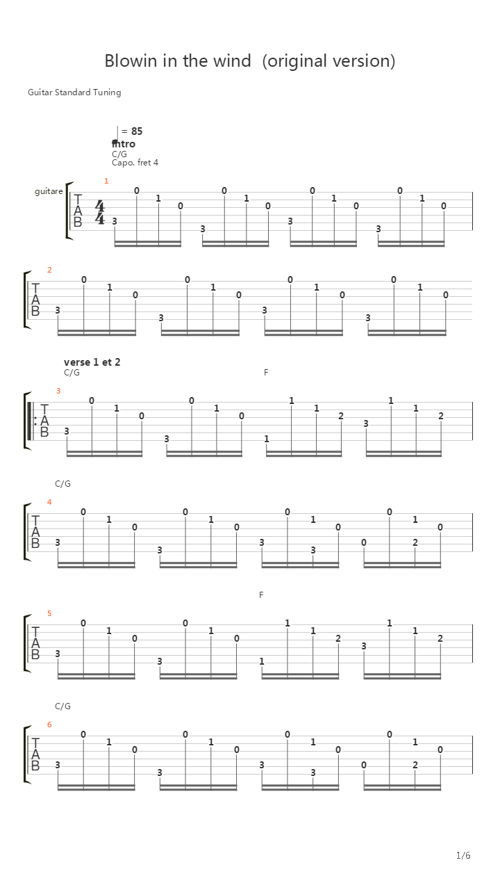 Blowin In The Wind吉他谱