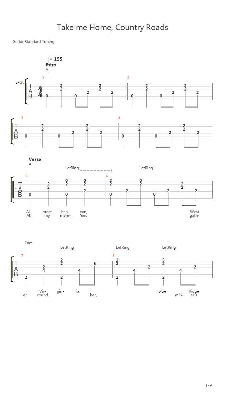 Take Me Home Country Roads吉他谱