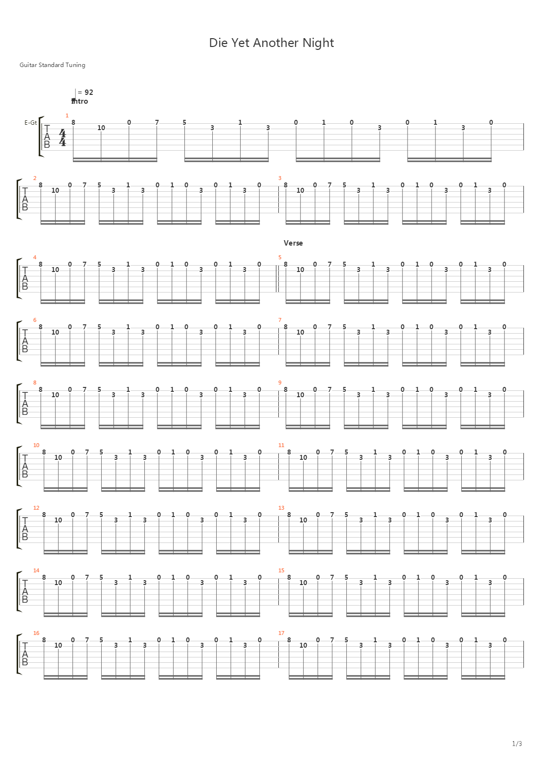 Die Yet Another Night吉他谱