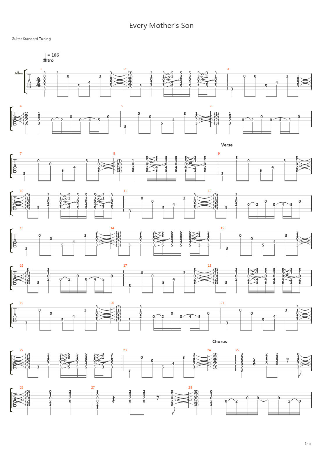 Every Mothers Son吉他谱