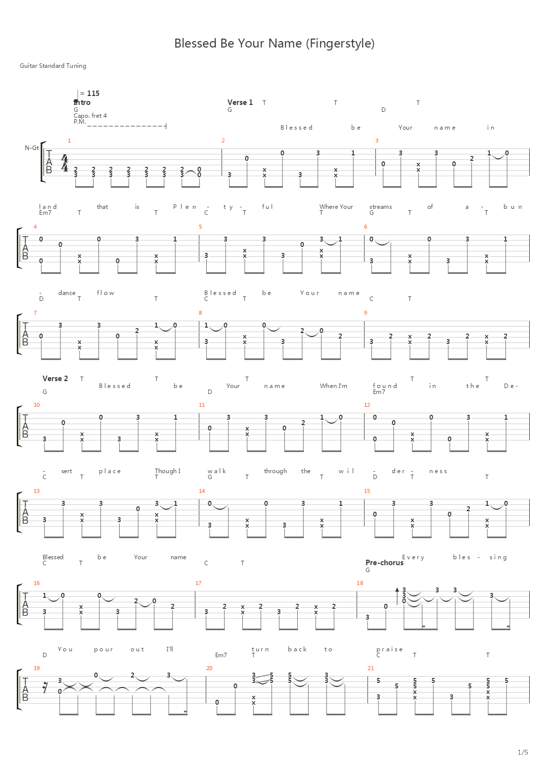 Blessed Be Your Name Fingerstyle吉他谱