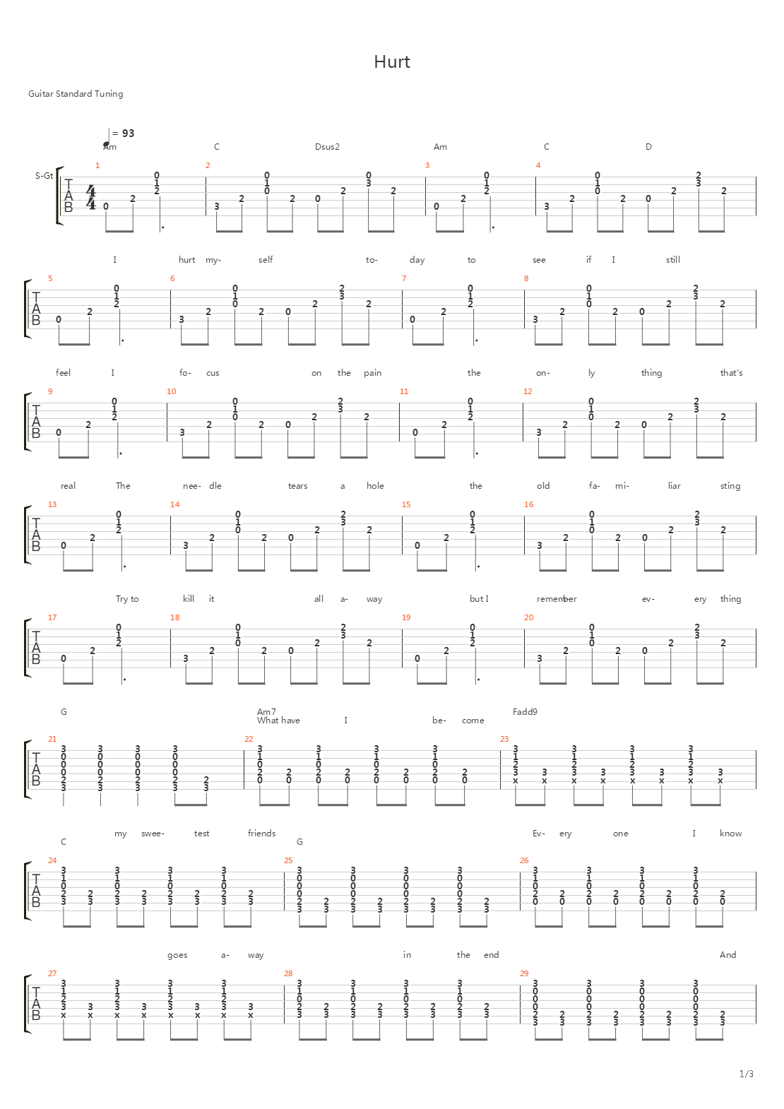 Hurt (带歌词 完美版)吉他谱