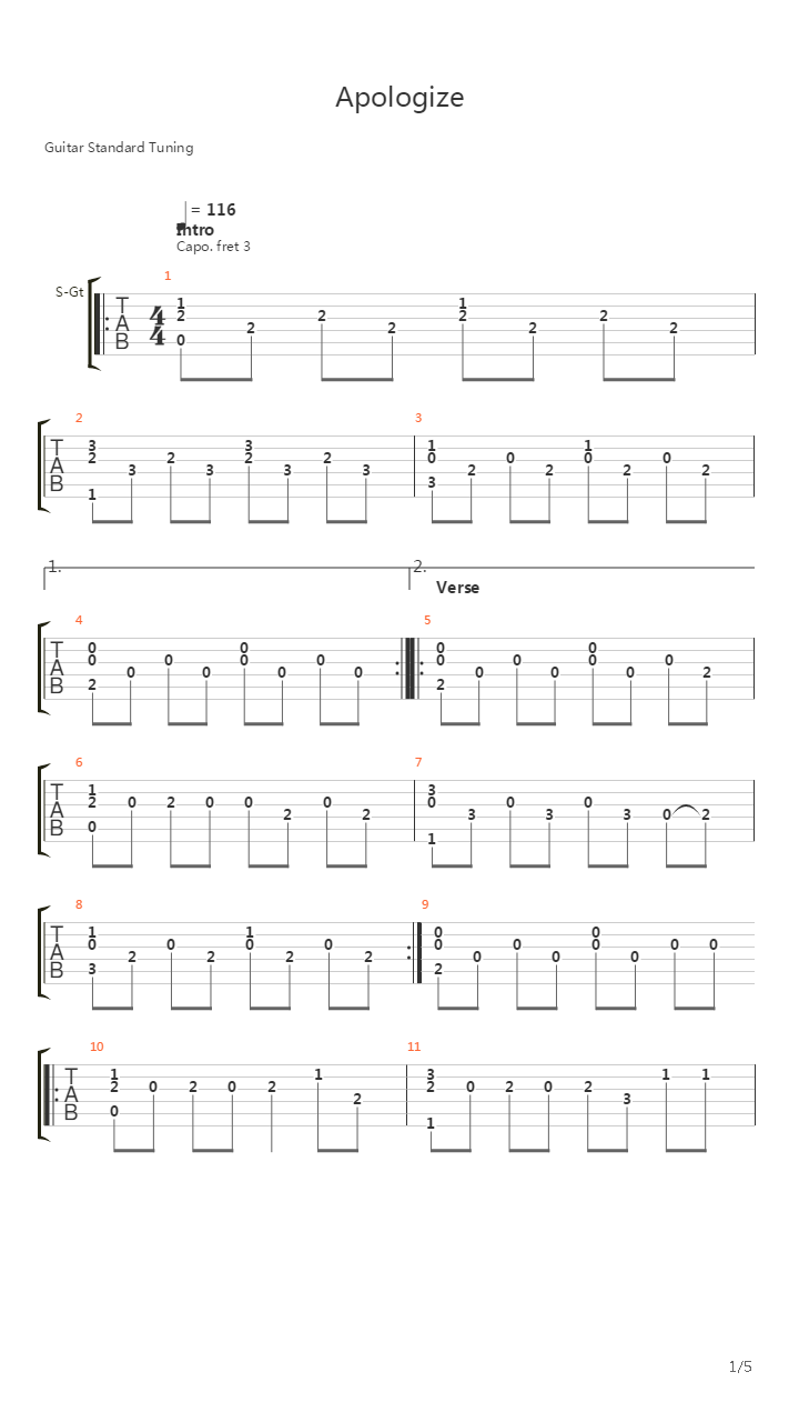 Apologize吉他谱