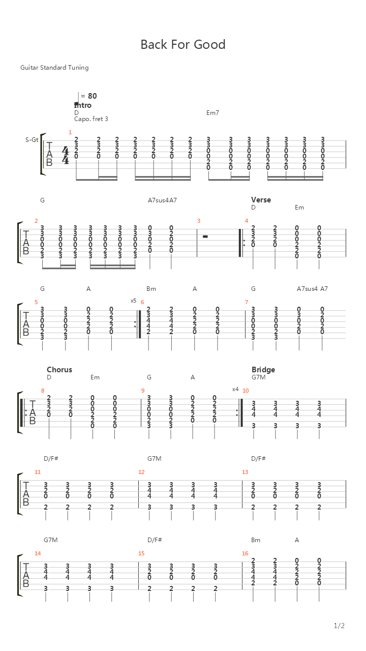 Back For Good吉他谱