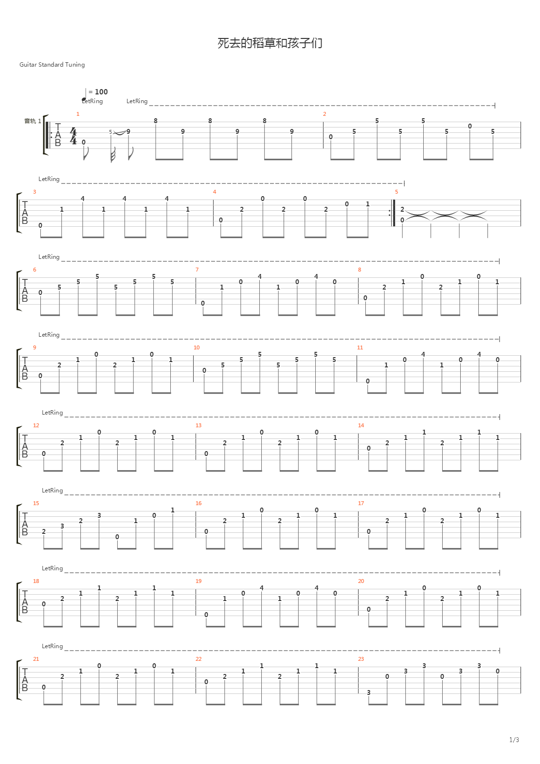 死去的稻草和孩子们吉他谱