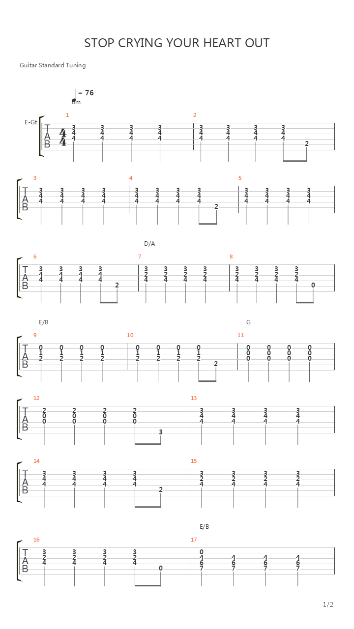 stop crying your heart out吉他谱