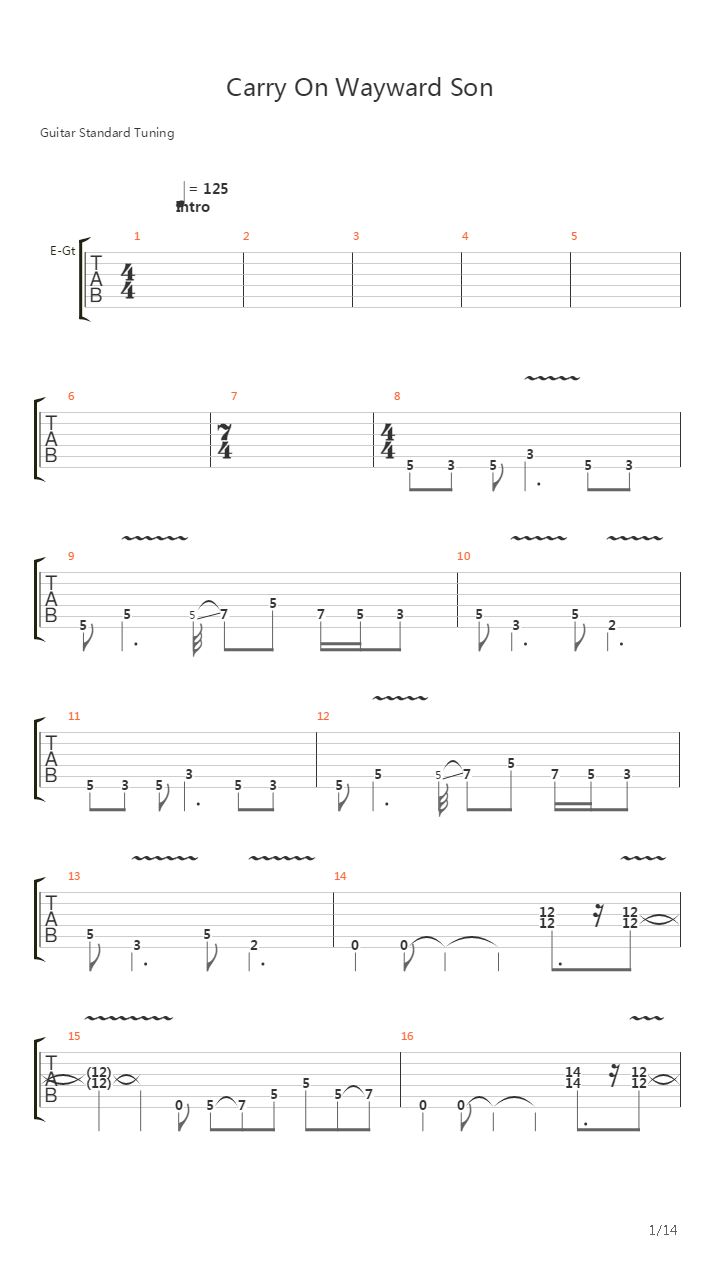Carry On My Wayward Son吉他谱