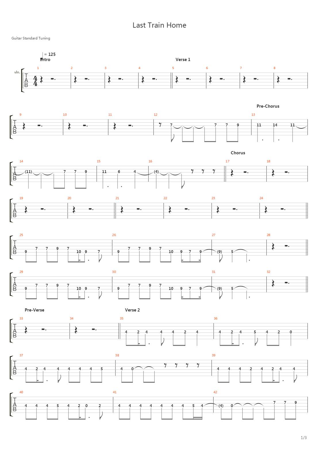 Last Train Home吉他谱