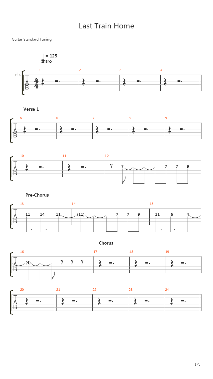 Last Train Home吉他谱