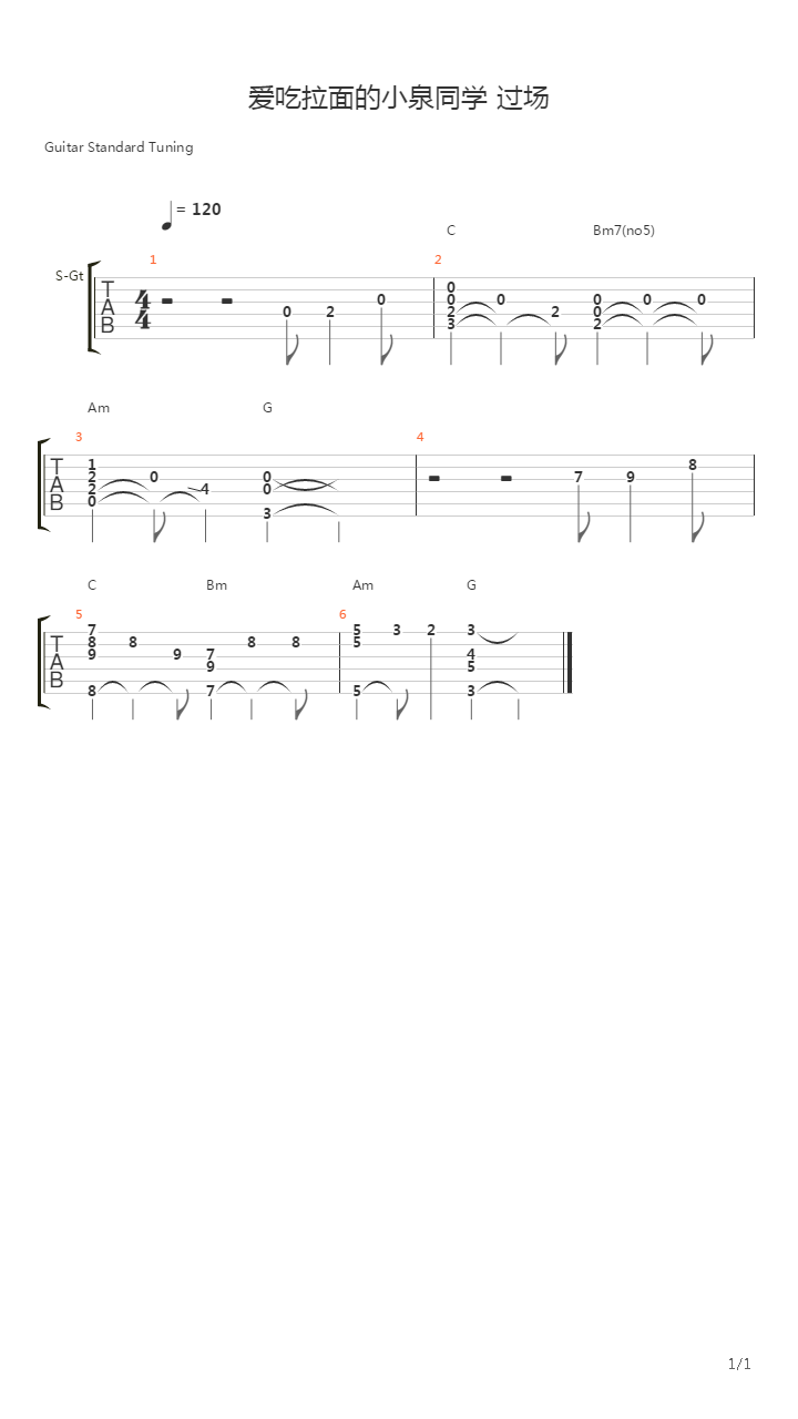 爱吃拉面的小泉同学 过场吉他谱