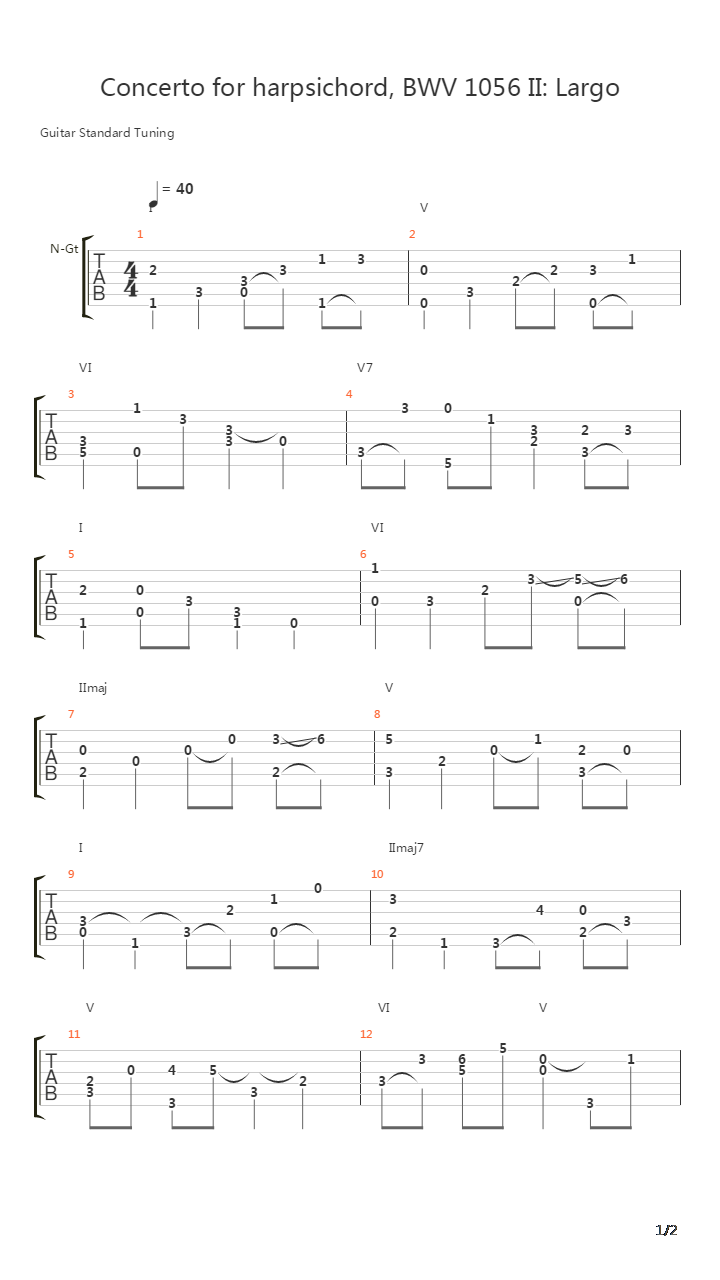 f小调第五键盘协奏曲 BWV1056第二乐章吉他谱