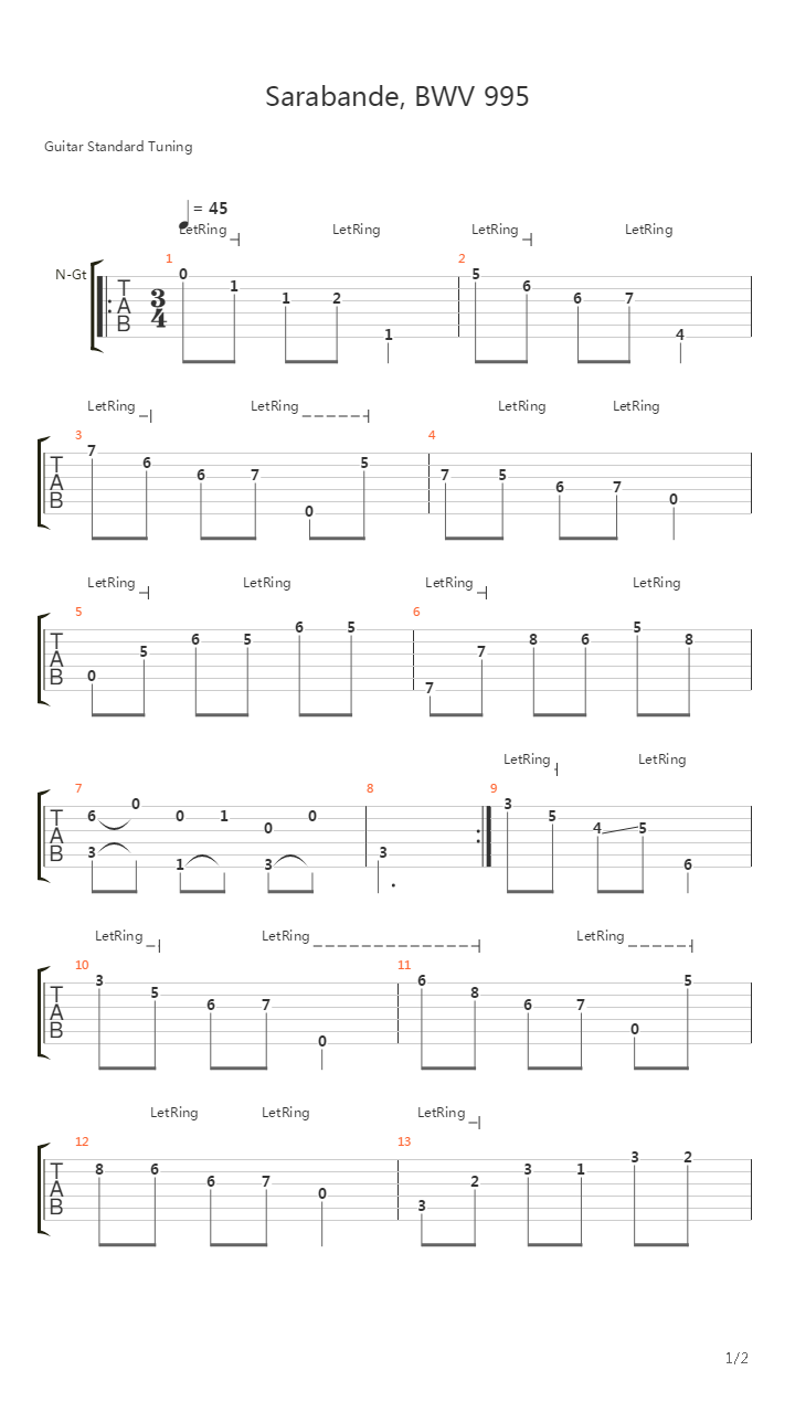 Bwv 995 Sarabande吉他谱